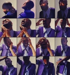 A sixteen-panel grid of portraits featuring a black man in a purple vest and light blue shirt by Pictures and Motion.