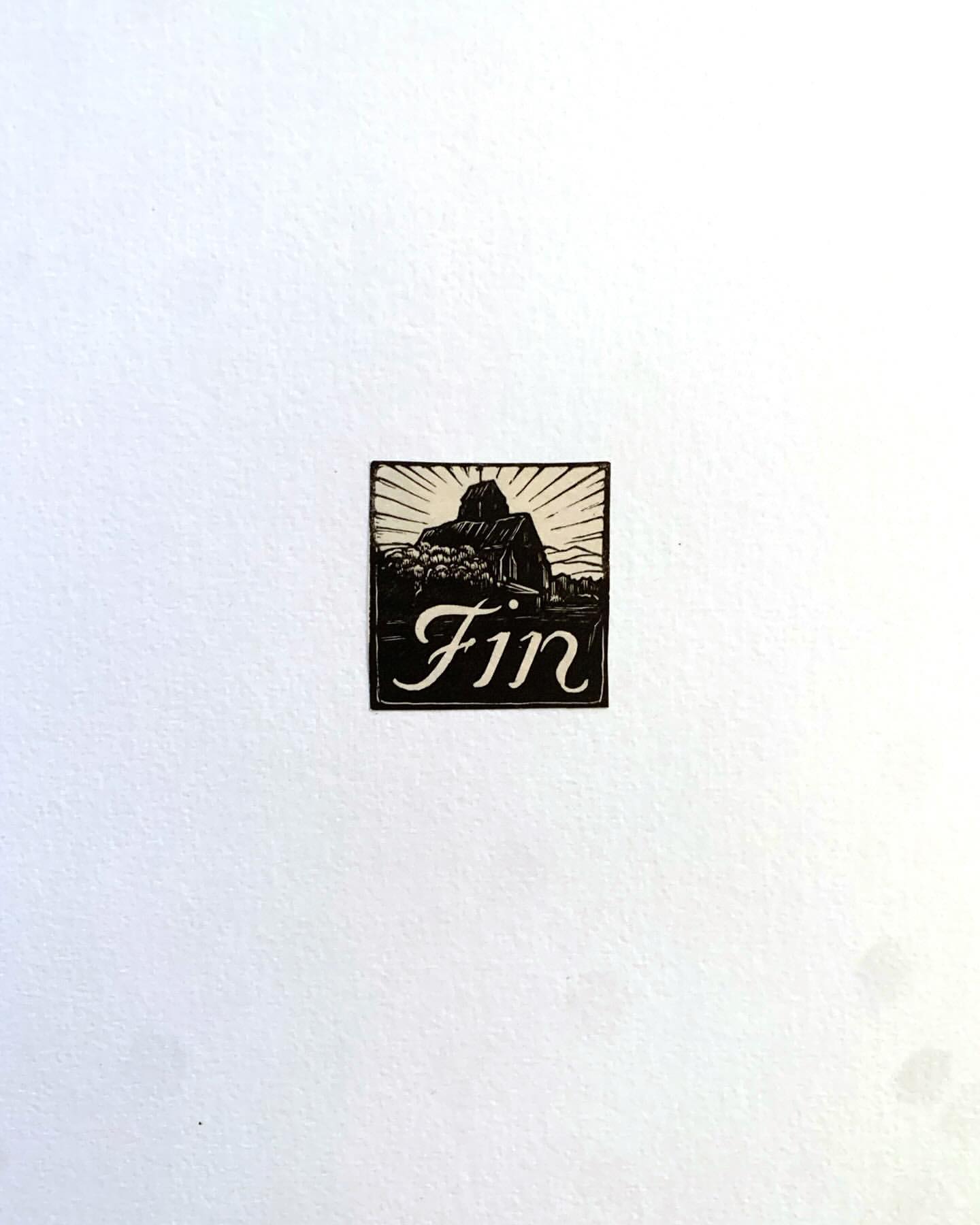 Illustration of a rustic building and landscape scene with the word 'Fin' in script, rendered in a black and white woodcut style.
