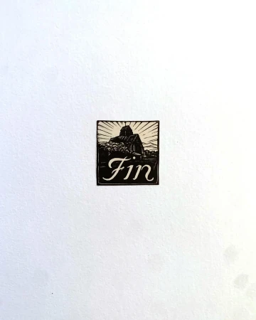 Illustration of a rustic building and landscape scene with the word 'Fin' in script, rendered in a black and white woodcut style.