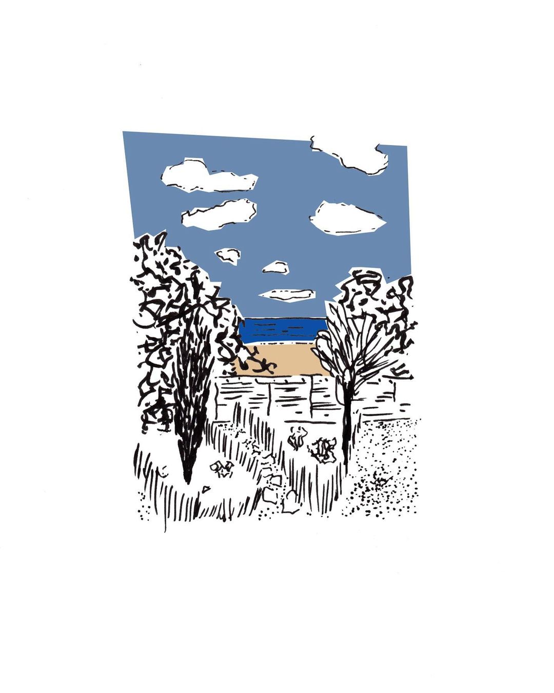 Artistic rendering of a seaside garden featuring line-art vegetation, a stone wall, and a glimpse of the blue ocean and sky beyond.