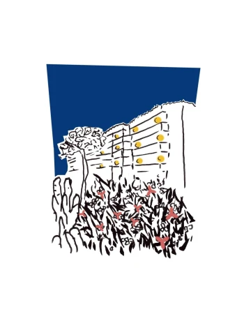 Illustration of a tall building with lit windows behind a field of flowering plants against a dark blue sky.