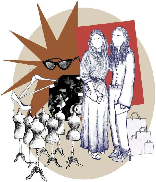 Fashion illustration featuring two women in dresses and suits, shopping bags, sunglasses, mannequins, and paparazzi in the background.