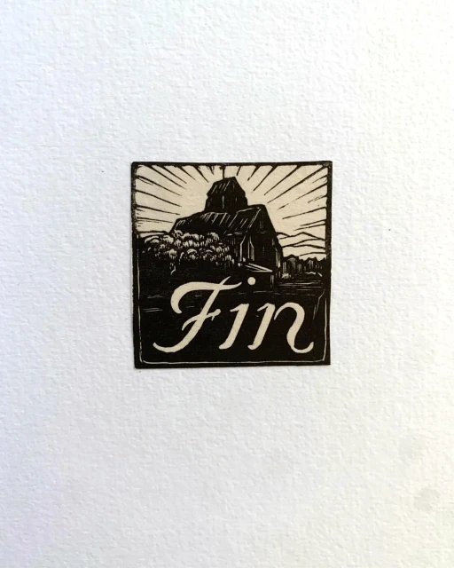 Black and white illustration of a barn with the word "Fin" in script lettering on a white background.