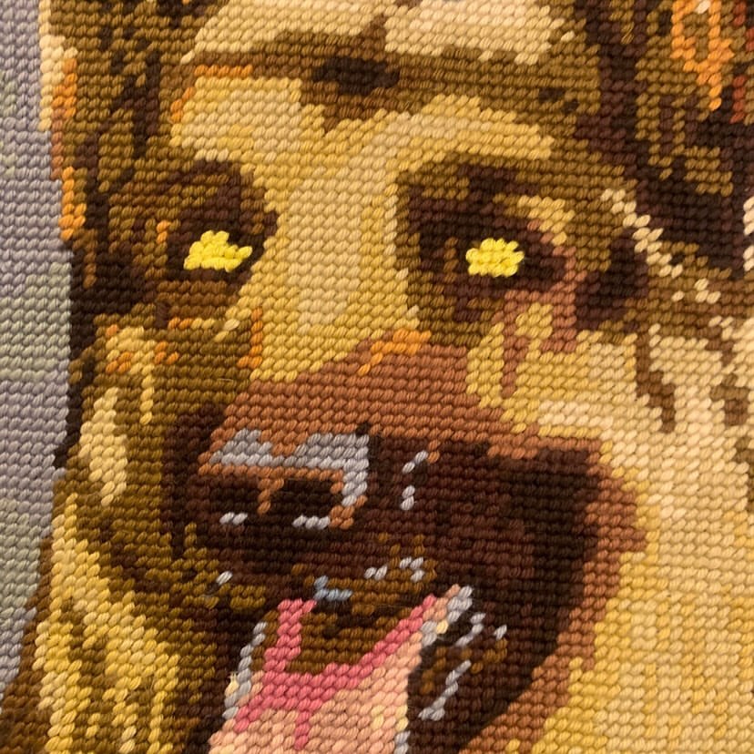 Close-up of a needlepoint tapestry featuring the face of a brown and tan dog with its mouth open, tongue showing and yellow eyes.