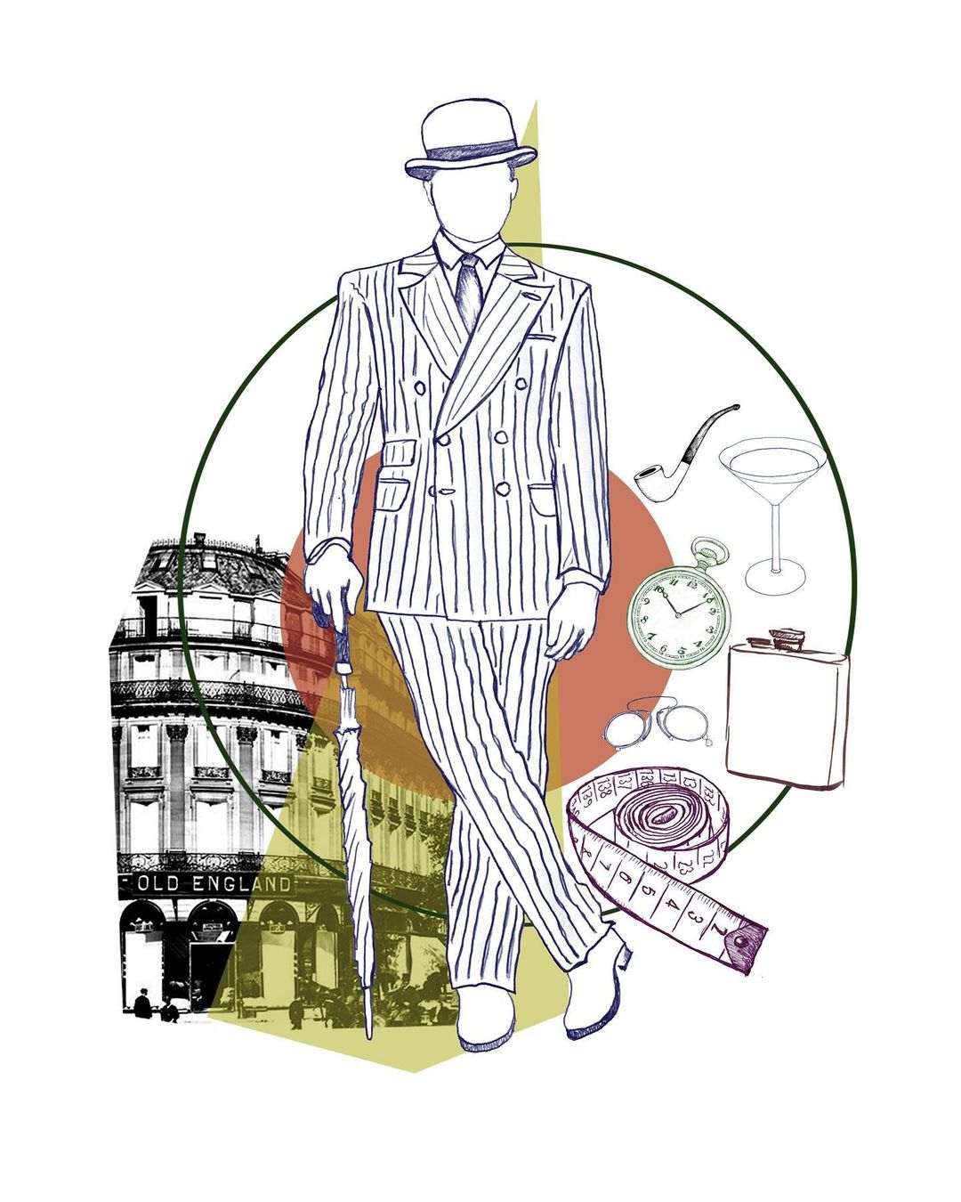 Illustration of a figure in a pinstripe suit with a bowler hat, umbrella, and vintage accessories set against a Paris building backdrop.