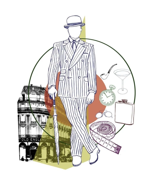 Illustration of a figure in a pinstripe suit with a bowler hat, umbrella, and vintage accessories set against a Paris building backdrop.