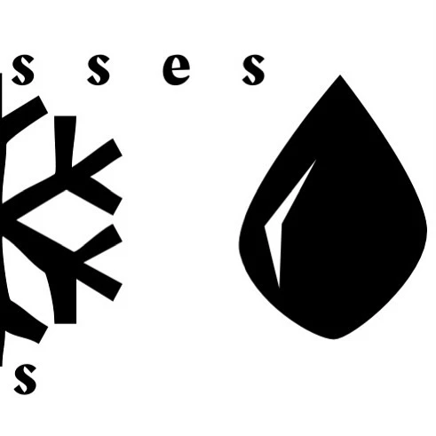 A digital illustration features a black snowflake next to a black teardrop shape, both centered on a stark white background.