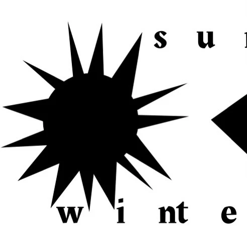 Abstract digital art showcases a black sun-like spiky form against a white background, accompanied by the words 'winter' and 'summer'.
