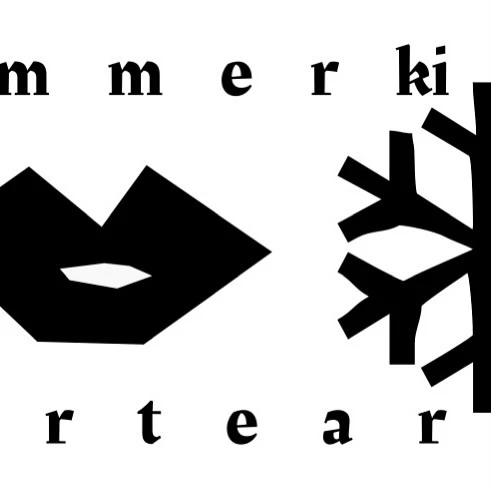 Minimalist graphic design features black geometric shapes resembling lips and a snowflake on a white background with black letters.