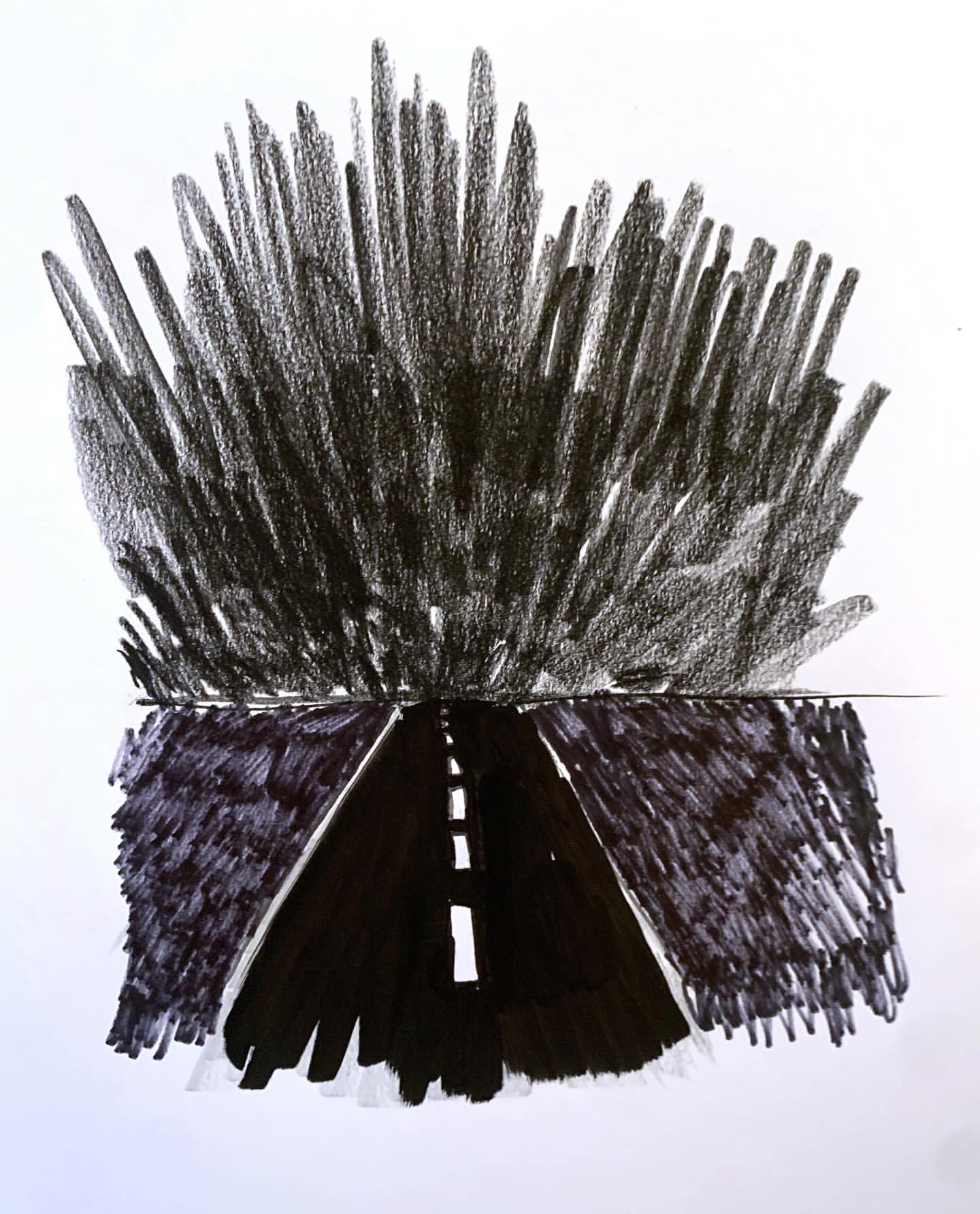 Charcoal drawing of an asphalt road leading to a dense, dark mass resembling a forest or storm cloud, rendered in a rough, textured style.
