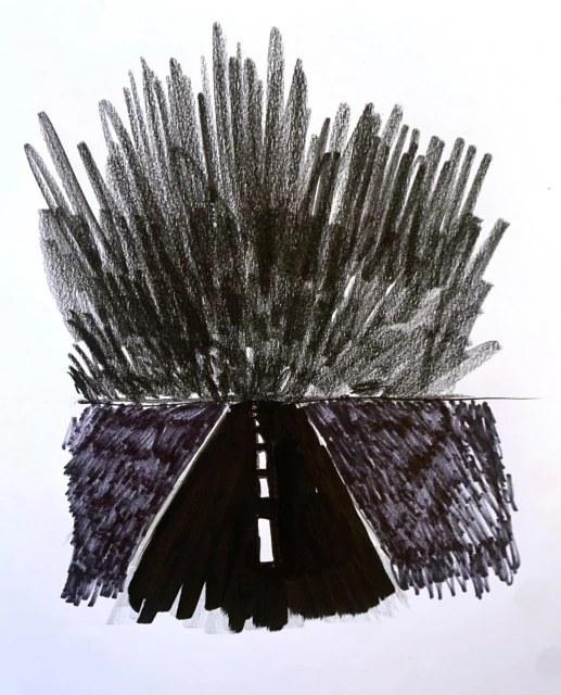 Charcoal drawing of an asphalt road leading to a dense, dark mass resembling a forest or storm cloud, rendered in a rough, textured style.
