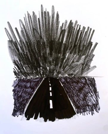 Charcoal drawing of an asphalt road leading to a dense, dark mass resembling a forest or storm cloud, rendered in a rough, textured style.