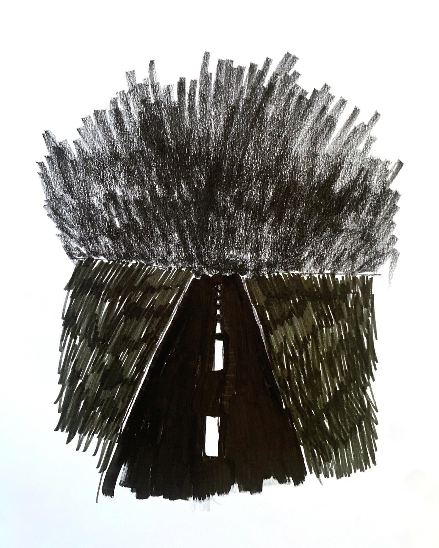 Sketch illustration of a dark road extending into the distance with dark trees or bushes sketched on both sides of the road.