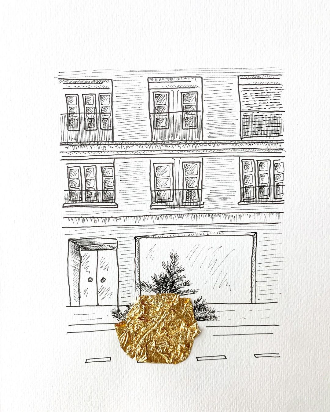 Architectural drawing showcases a building facade with multiple windows, adorned with gold foil in the foreground and sketched bushes.