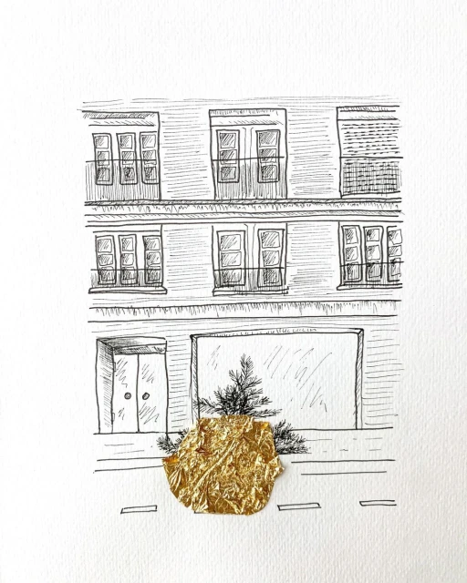 Architectural drawing showcases a building facade with multiple windows, adorned with gold foil in the foreground and sketched bushes.