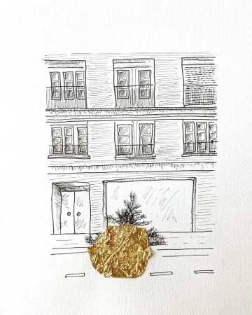 Architectural drawing showcases a building facade with multiple windows, adorned with gold foil in the foreground and sketched bushes.