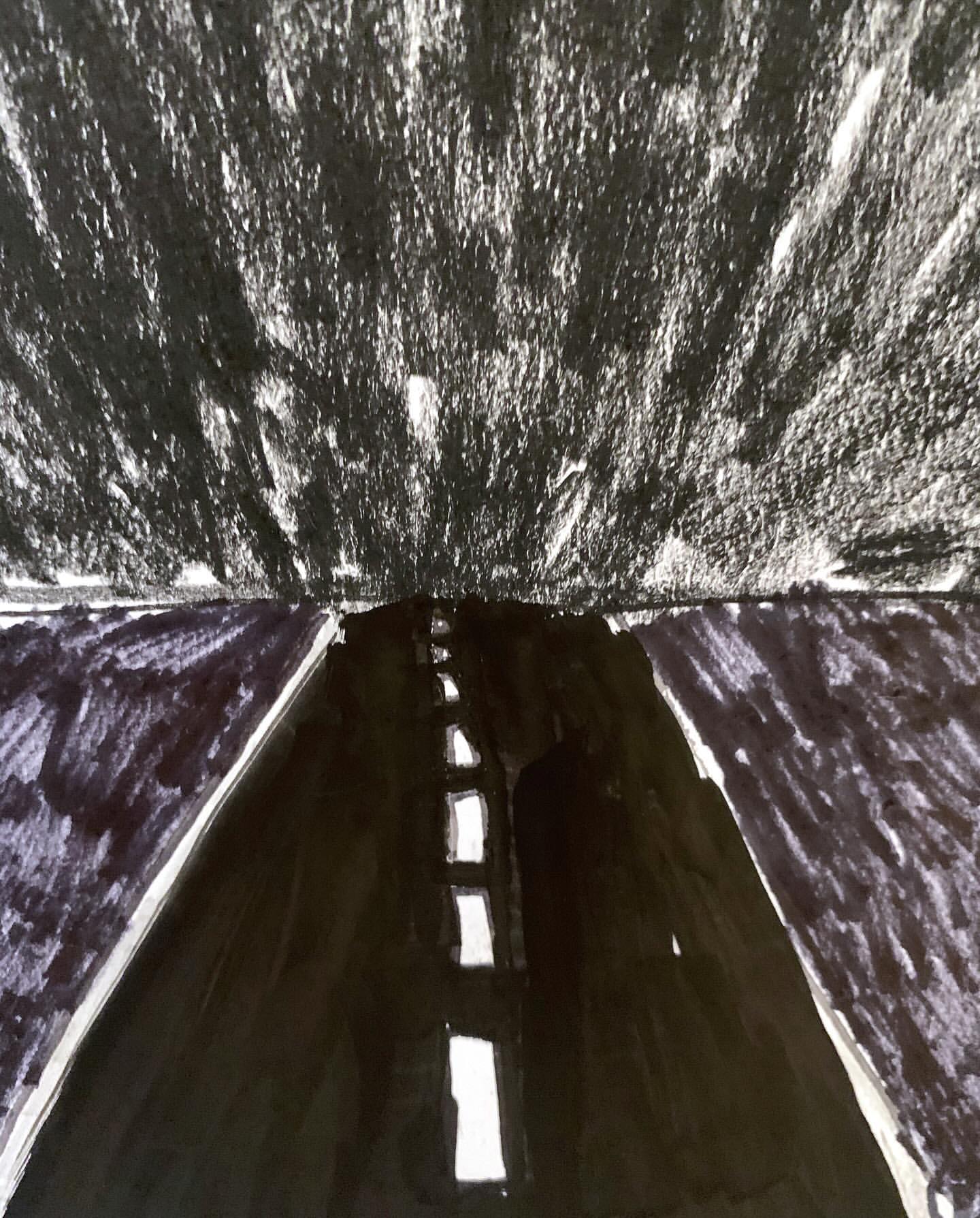 Drawing of a dark road receding into the distance under a cloudy sky, rendered in black and white.