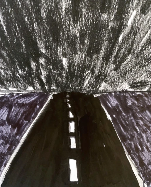 Drawing of a dark road receding into the distance under a cloudy sky, rendered in black and white.