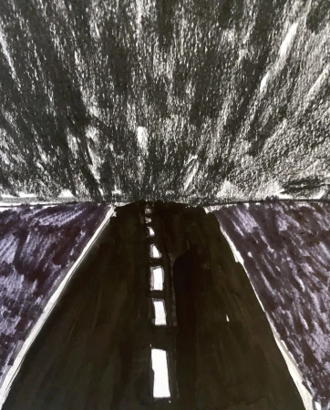 Drawing of a dark road receding into the distance under a cloudy sky, rendered in black and white.
