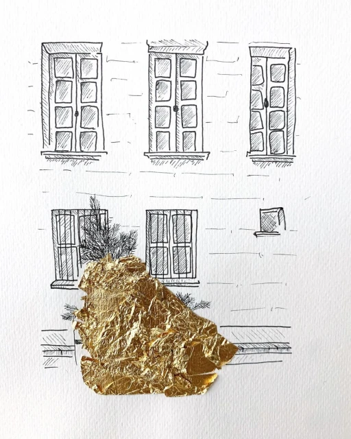 Architectural drawing with window illustrations on a wall, accented by a gold leaf application providing a unique artistic touch.