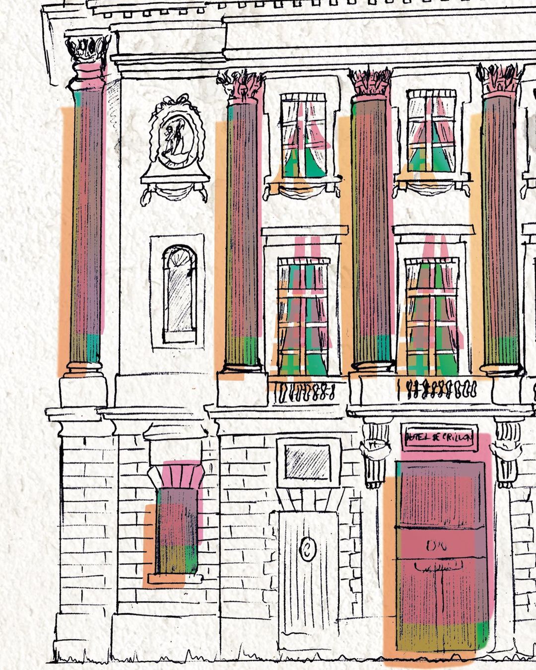 Architectural sketch of a building with classical columns, multiple windows, and a detailed facade, rendered in a watercolor-like style.