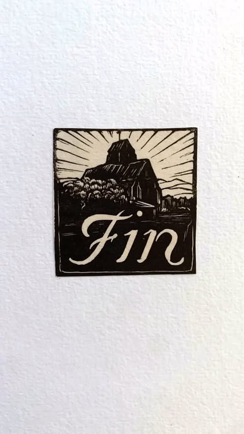 Black and white linocut print of a barn with the word 'Fin' in cursive on white paper, depicting a rural, vintage scene.