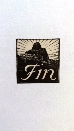 Black and white linocut print of a barn with the word 'Fin' in cursive on white paper, depicting a rural, vintage scene.