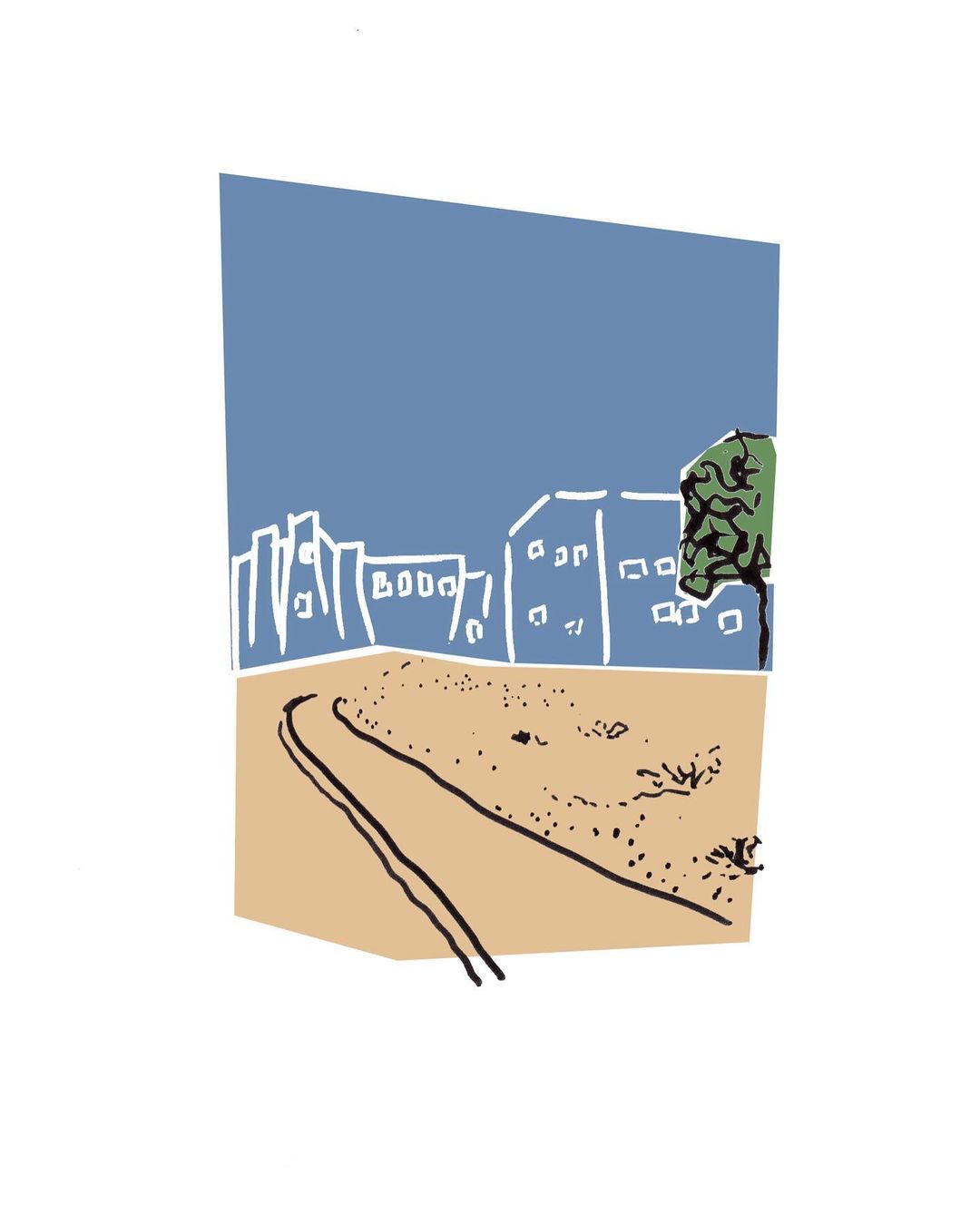 Illustration of a beige field with a road leading towards buildings, set against a blue sky and featuring a green tree on the right.