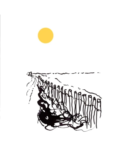 Black and white ink drawing of a fence leading to the horizon with a bright yellow sun in the sky on a white background.