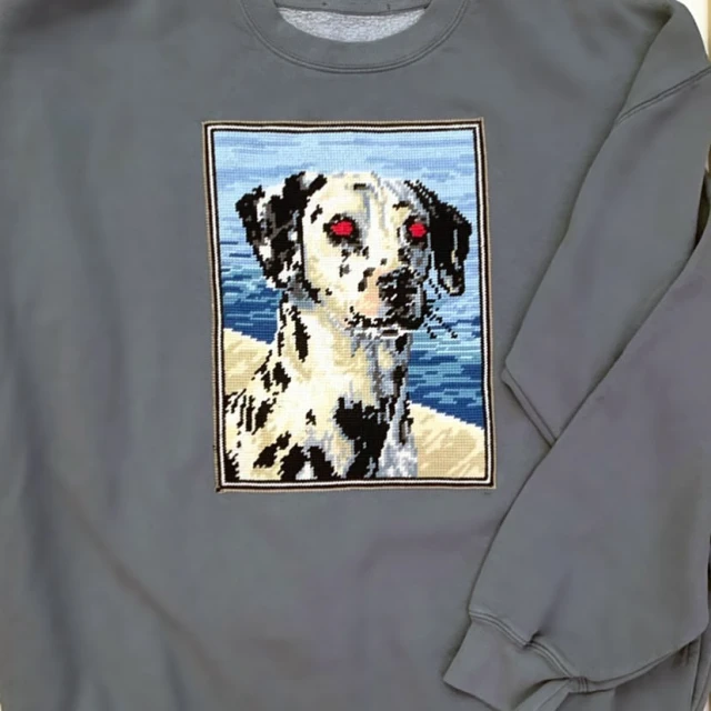 Gray sweatshirt featuring a pixelated-style graphic patch of a Dalmatian dog's face against a light blue and tan background.
