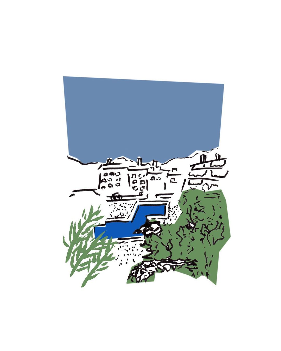 Illustration of a townscape featuring buildings, a pool, and vegetation under a blue sky, rendered in a minimalist, hand-drawn style.