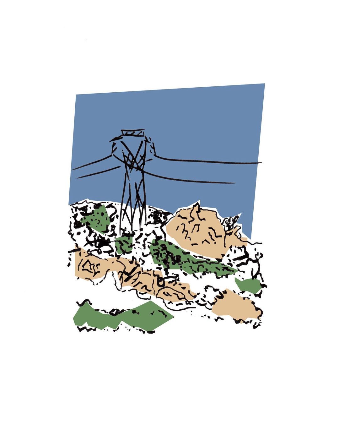 Illustration of a transmission tower against a blue sky surrounded by green and beige foliage, conveying an outdoor, natural setting.