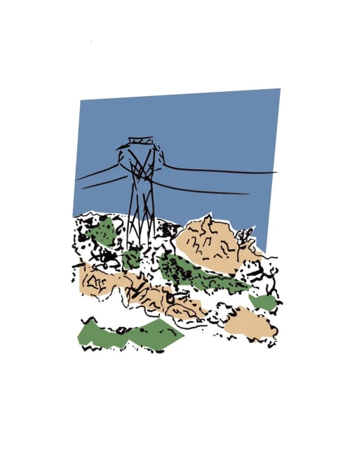 Illustration of a transmission tower against a blue sky surrounded by green and beige foliage, conveying an outdoor, natural setting.