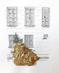 Ink illustration of a building facade with windows overlaid with a jagged patch of gold leaf over foliage.