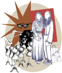 Fashion collage illustration by Philippe Dufour-loriolle featuring two female figures, mannequins, sunglasses, and shopping bags