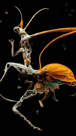 A person in an elaborate insect-like costume with wings and antennae floats against a black background in this fantasy art image.