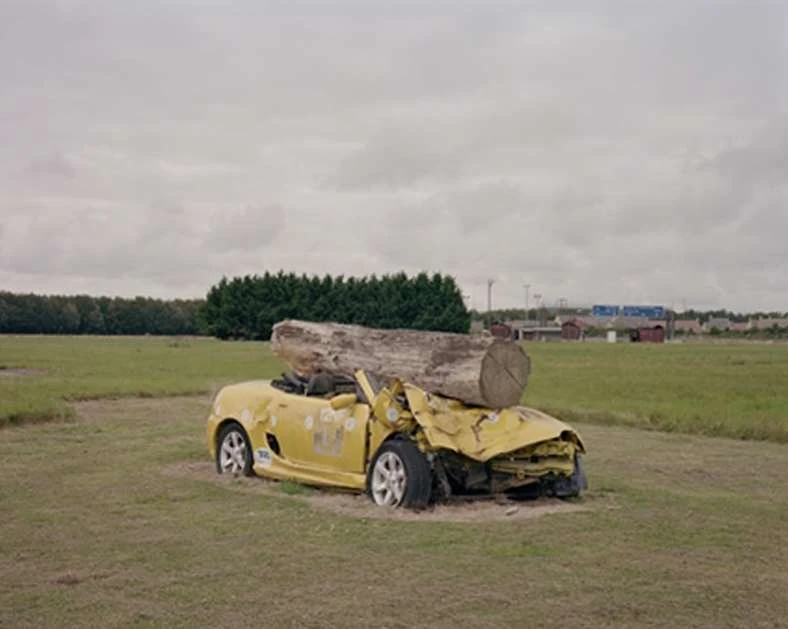 Damaged yellow convertible car with a large tree log on its hood, parked on a grassy field beneath a cloudy sky, with a tree line in the distance.