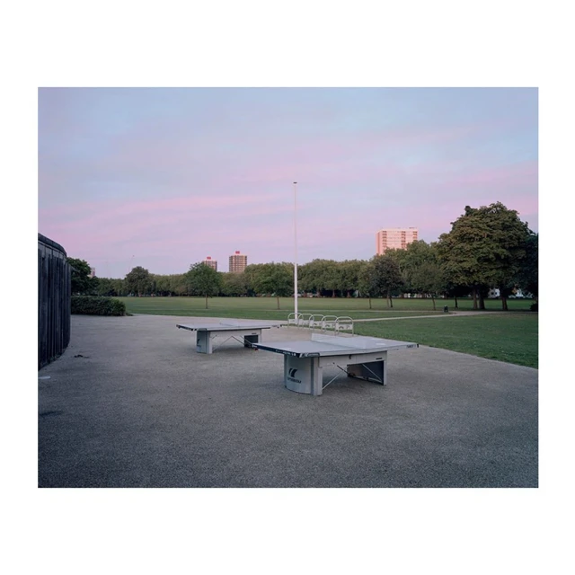 Two ping pong tables on a concrete ground in a park setting under a pink and blue sky with apartment buildings in the background.