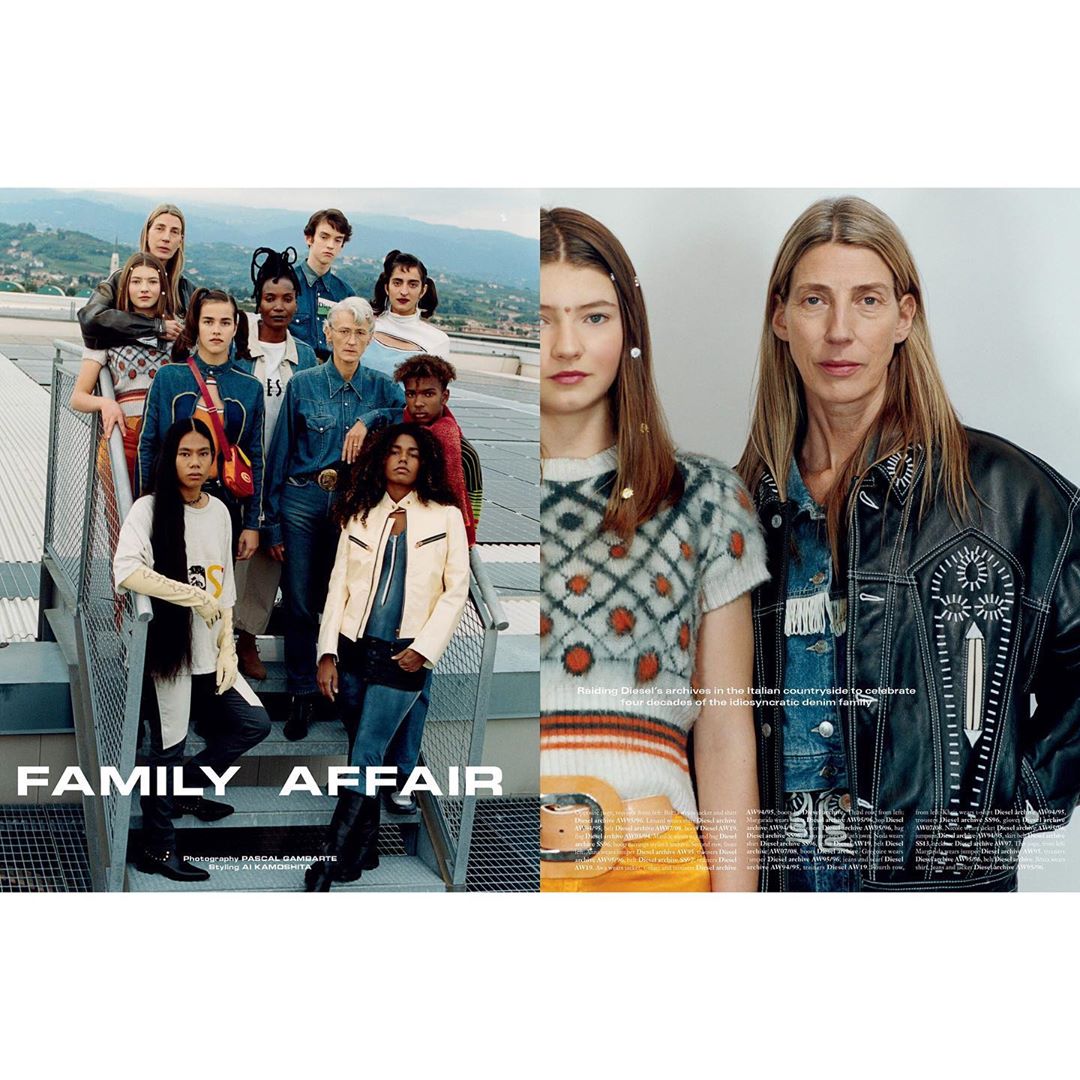 Fashion editorial showcasing a diverse group of people modeling clothing in an outdoor setting with two women in a studio shot.
