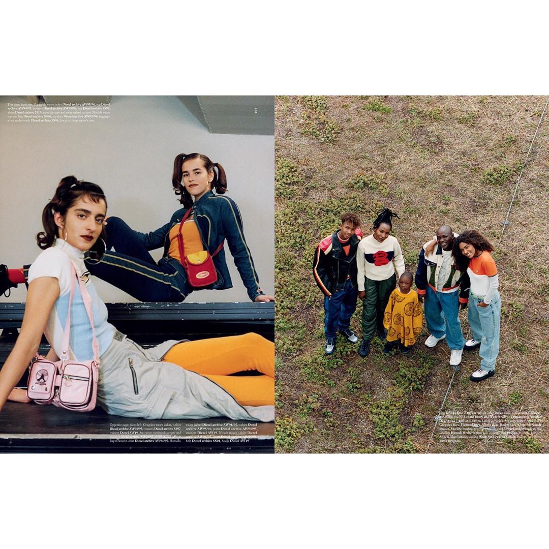 Two distinct images of people in fashion. One shows two women indoors; the other shows a group of five in an outdoor setting.