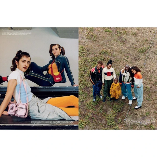 Two distinct images of people in fashion. One shows two women indoors; the other shows a group of five in an outdoor setting.