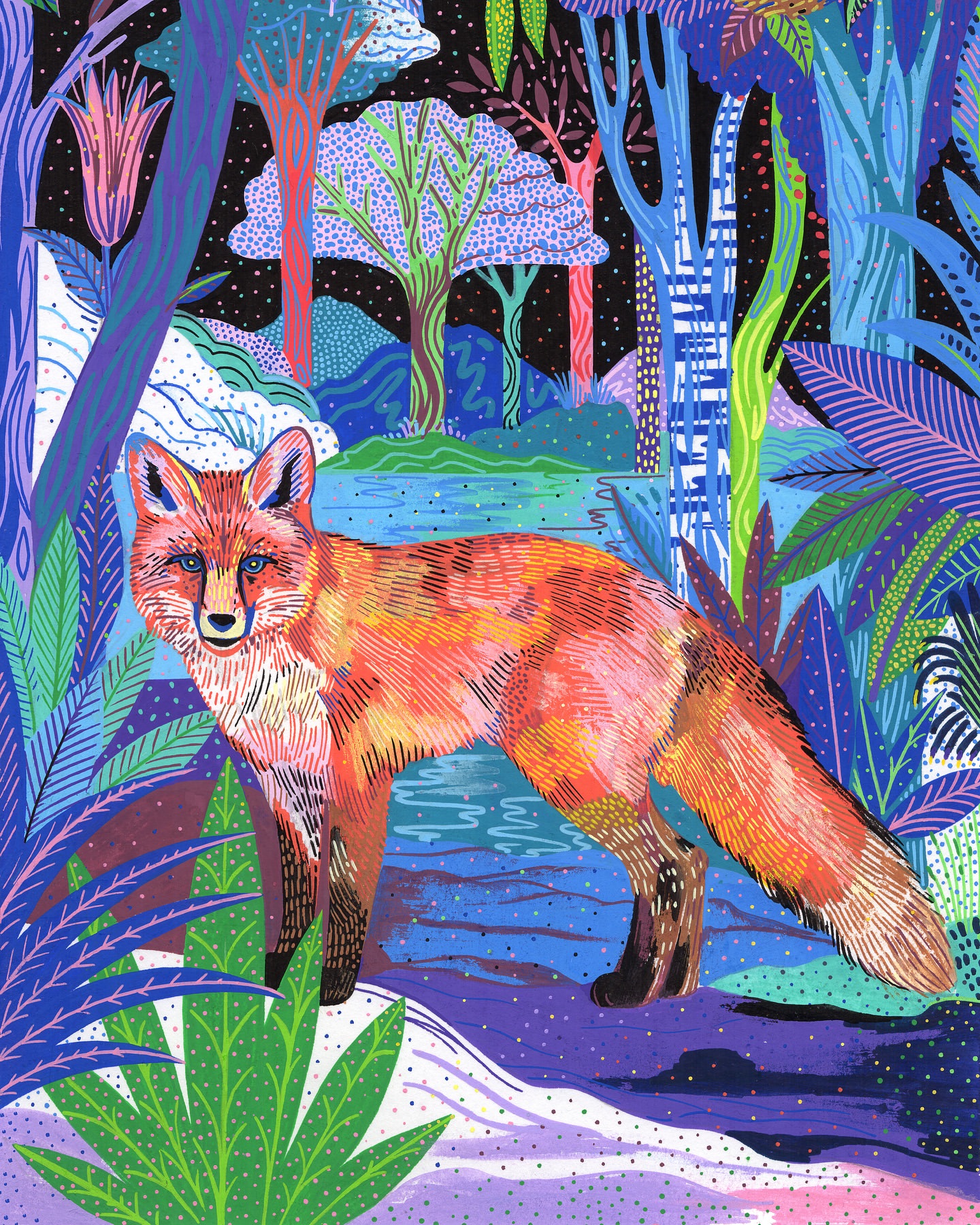 Whimsical artwork featuring a fox standing in a colorful forest with patterned trees, plants, and reflective blue water on a dark background.
