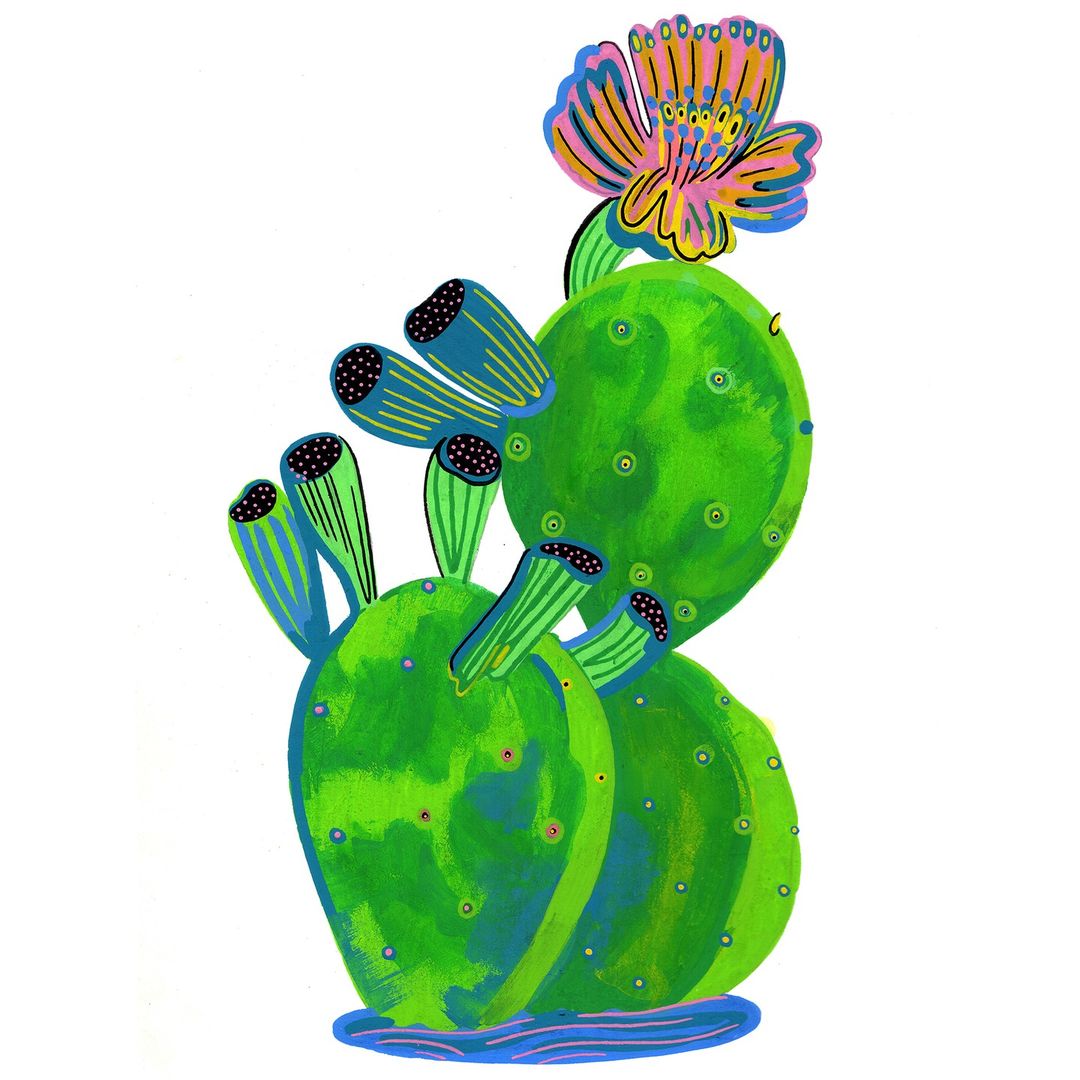 Vibrant illustration of a green cactus with blue stems and a colorful pink, blue, and yellow flower on a white background.