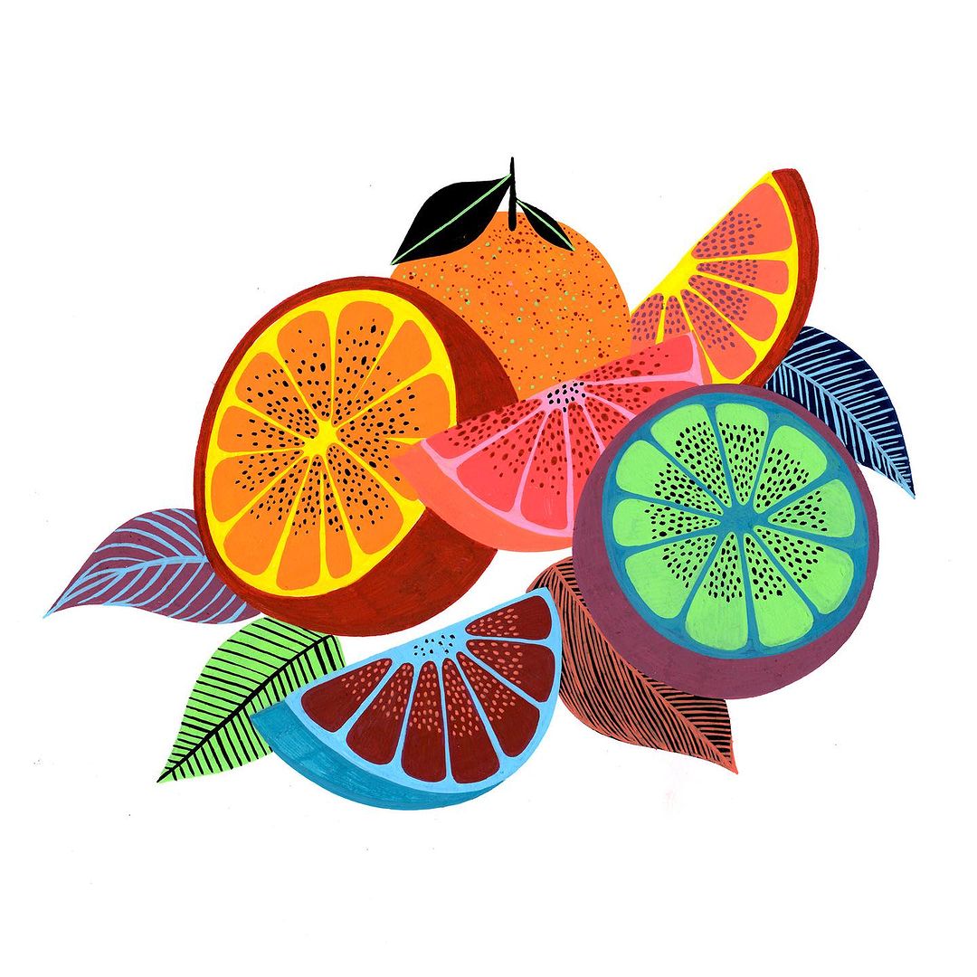 Illustration of sliced oranges, grapefruit, and kiwi fruit with leaves, set against a white background, using bright colors and graphic art style.