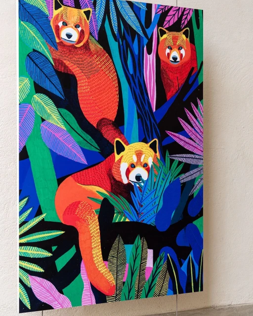 Colorful painting featuring three red pandas amidst vibrant tropical foliage with pink, green, and blue leaves against a dark background.