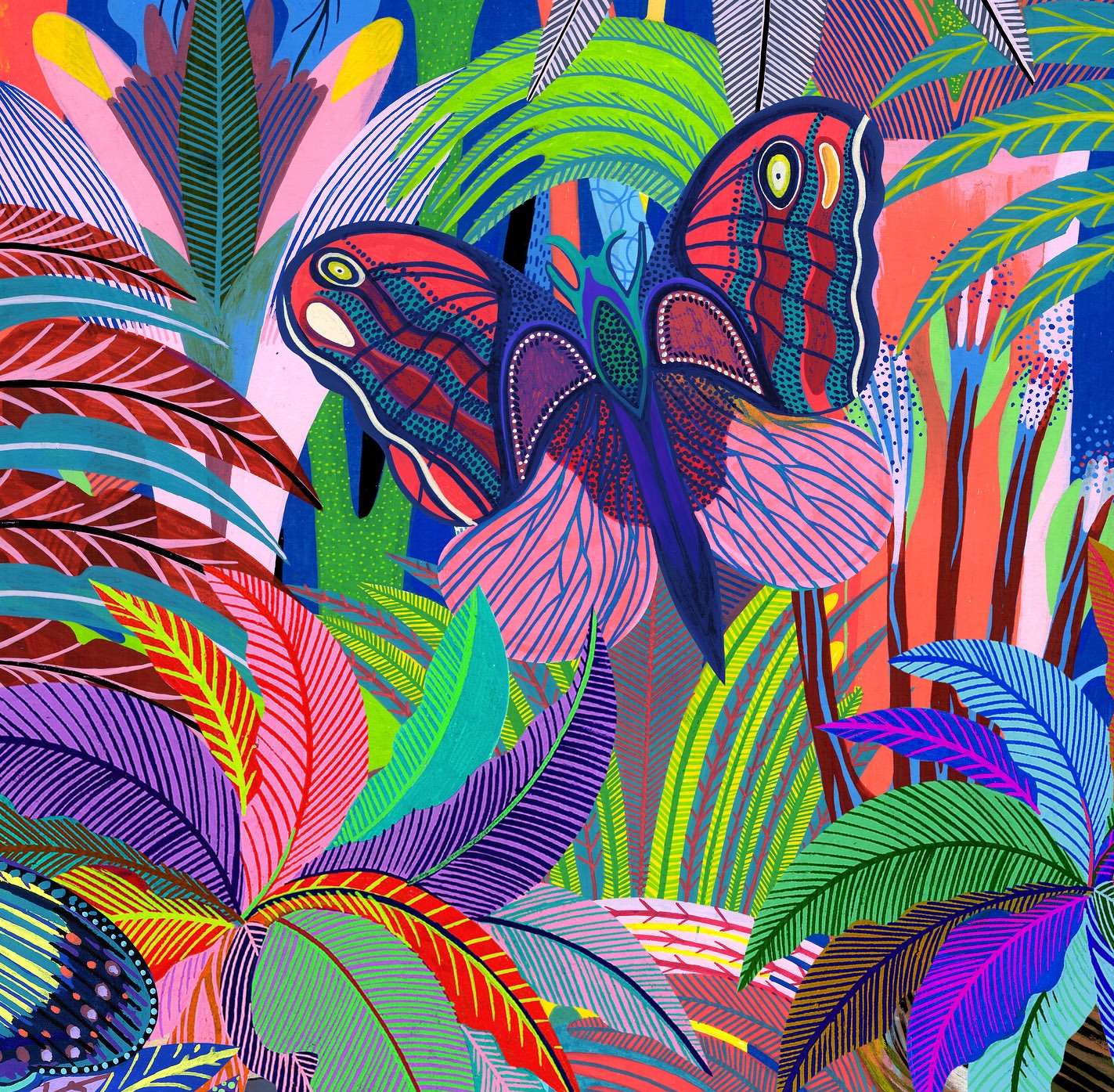 Colorful painting of a moth surrounded by lush tropical foliage in vibrant hues of pink, purple, green, blue, and orange.