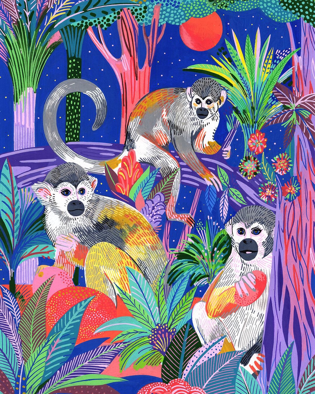 Illustration of three squirrel monkeys amidst lush tropical foliage with a red moon against a deep blue sky.