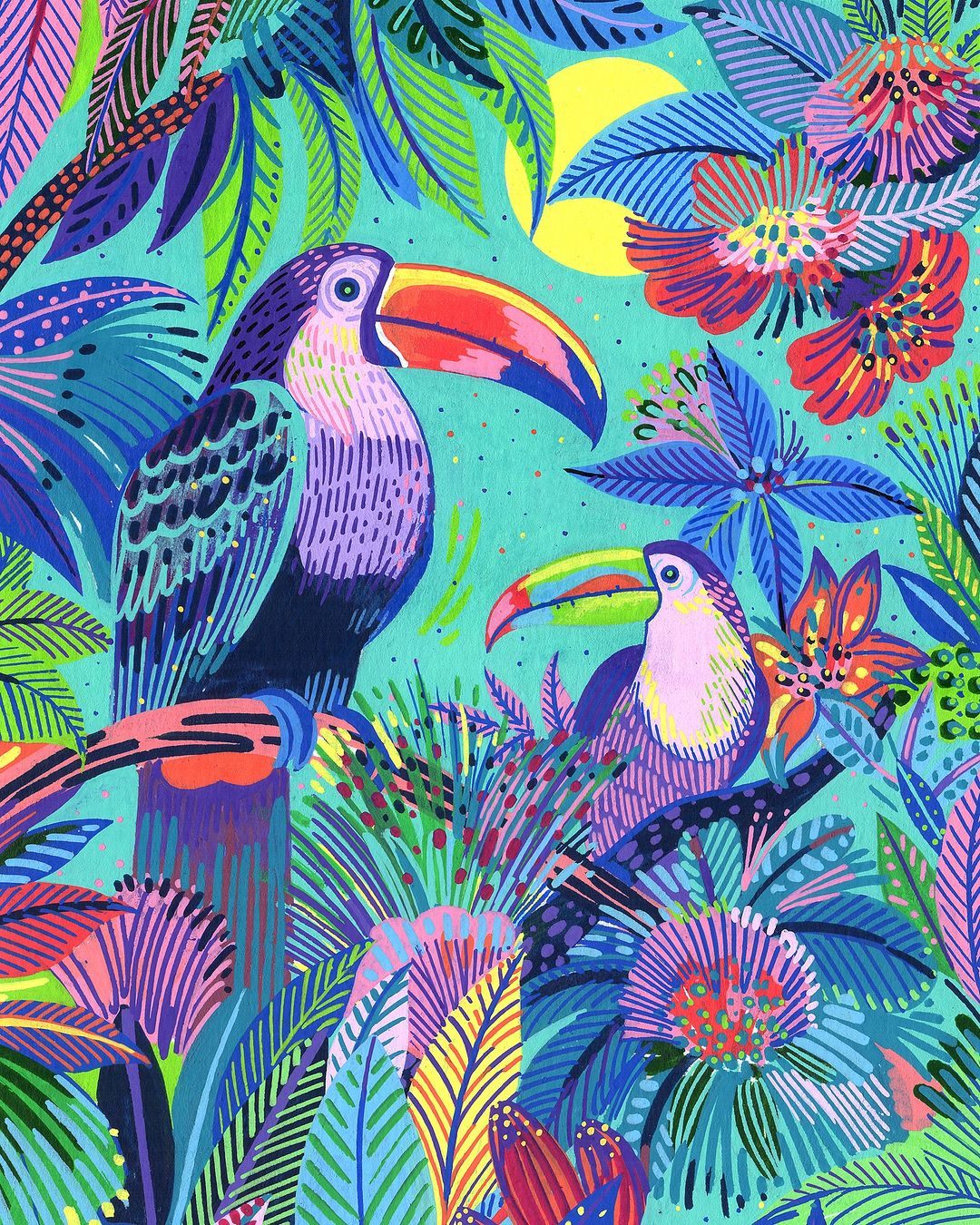 Colorful illustration of two toucans perched on branches surrounded by tropical plants, flowers, and a bright yellow sun in the background.