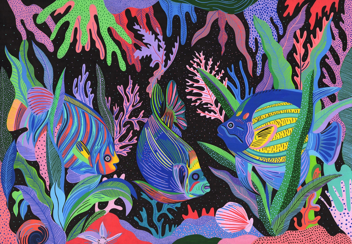Colorful painting of three vibrant tropical fish surrounded by seaweed and coral on a dark speckled background in an underwater scene.