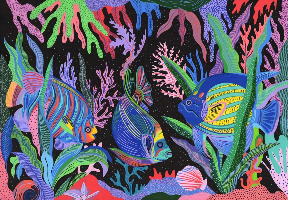 Colorful painting of three vibrant tropical fish surrounded by seaweed and coral on a dark speckled background in an underwater scene.